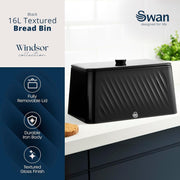 The Hale Retail Company Swan Windsor 16L bread bin in textured gloss black iron with a removable lid and chrome handle.