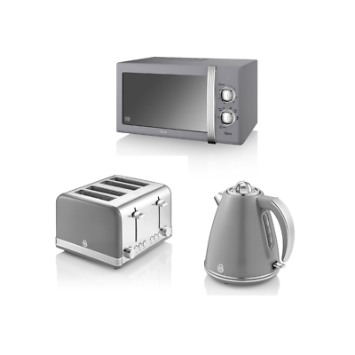 SWAN Retro Jug Kettle 4 Slice Toaster & Microwave Kitchen Set in Grey
