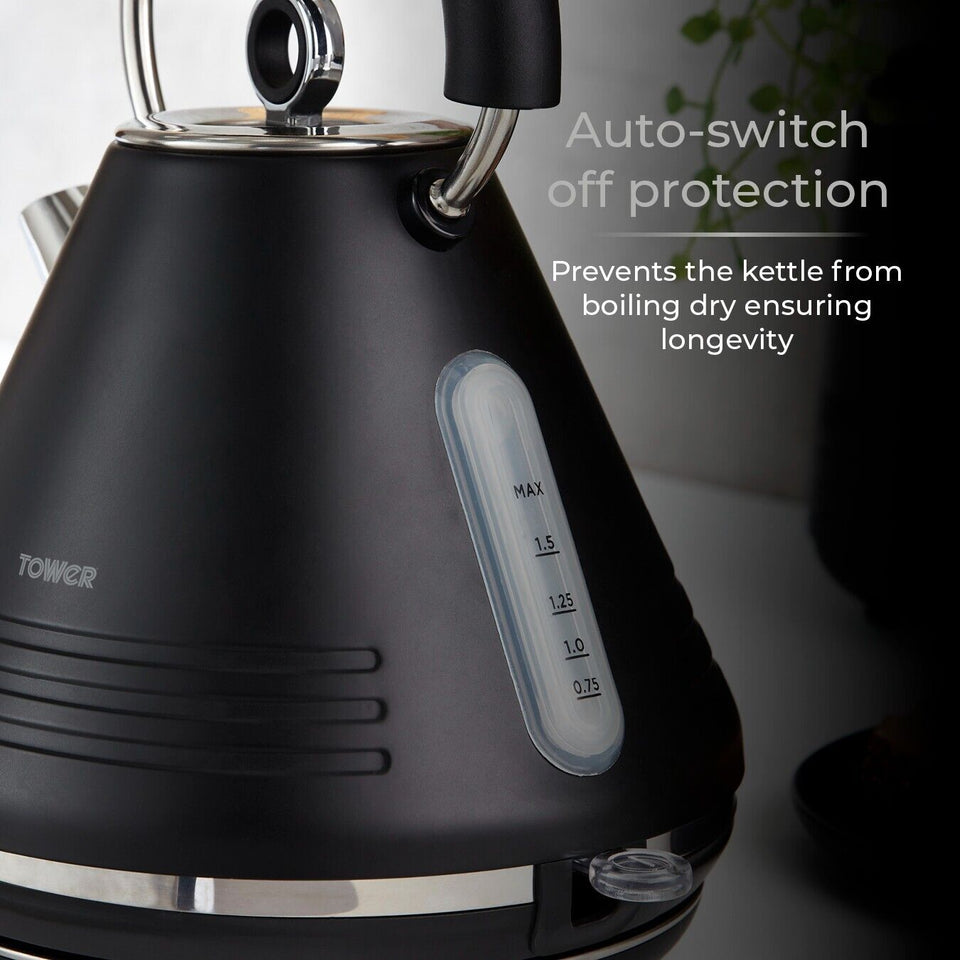 Tower Ash 1.7L 3KW Pyramid Kettle & 4 Slice Toaster Set Black & Chrome