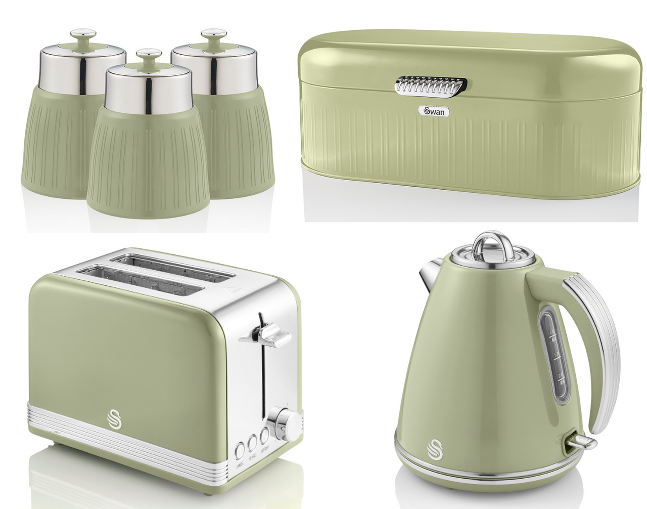 SWAN Retro Green 1.5L 3KW Jug Kettle, 2 Slice Toaster, Breadbin & Canisters Kitchen Set of 6