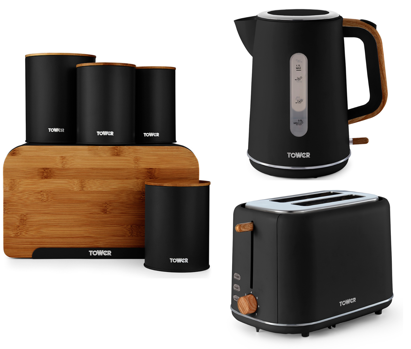 Tower Scandi Set of Black Kettle Slice Toaster Piece Kitchen Sto