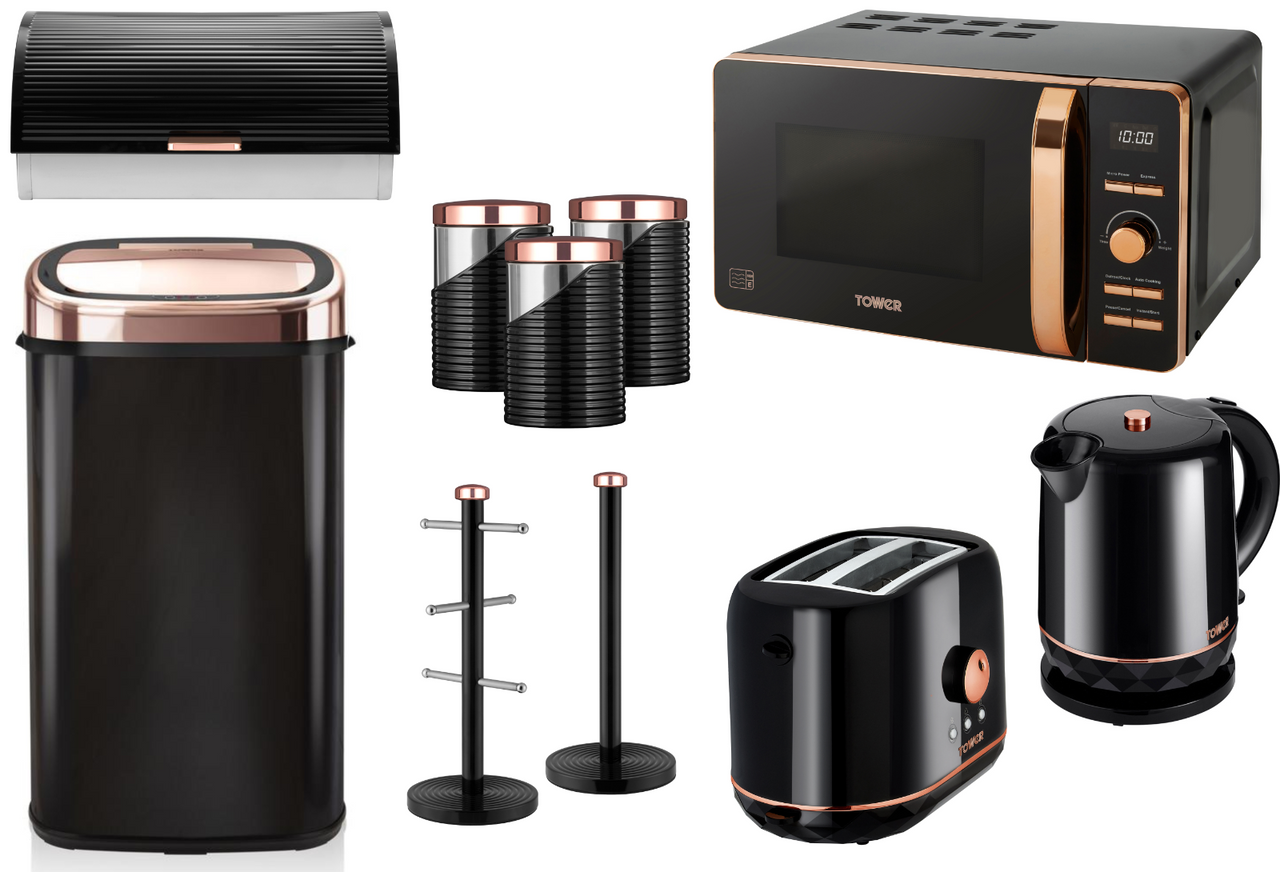 Tower Black & Rose Gold Kettle, Toaster, 800W Digital Microwave, 58L Sensor Bin & Kitchen Storage Set of 10