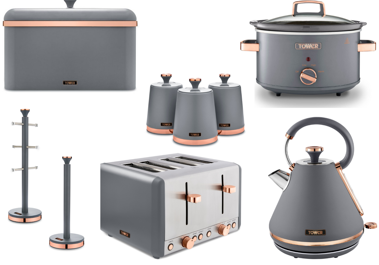 Tower Cavaletto Grey Kettle, 4 Slice Toaster, Slow Cooker & Storage Set 9 items