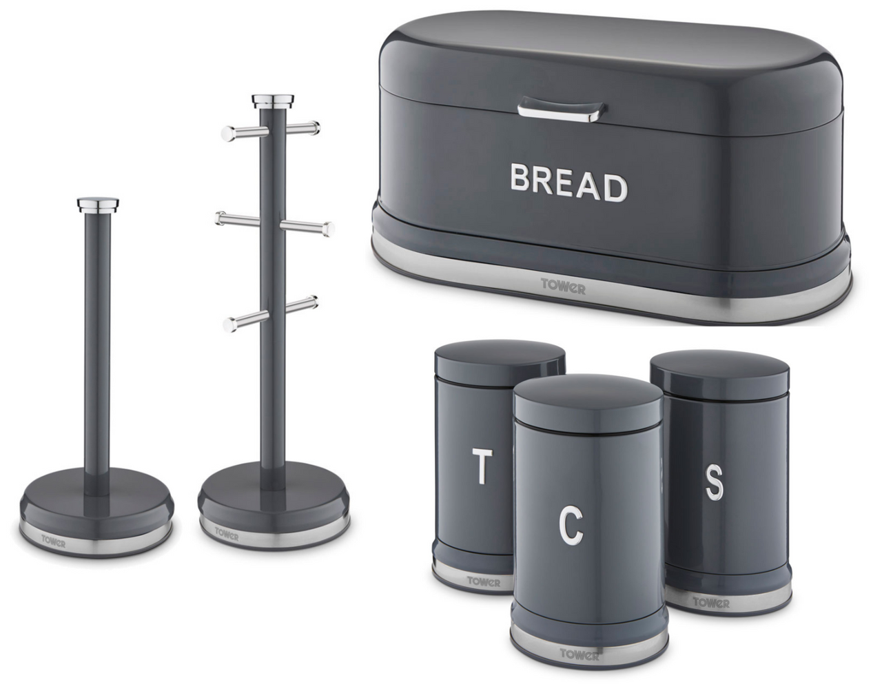 Tower Belle Bread Bin, Canisters, Mug Tree & Towel Pole Kitchen Set of 5 in Graphite Grey