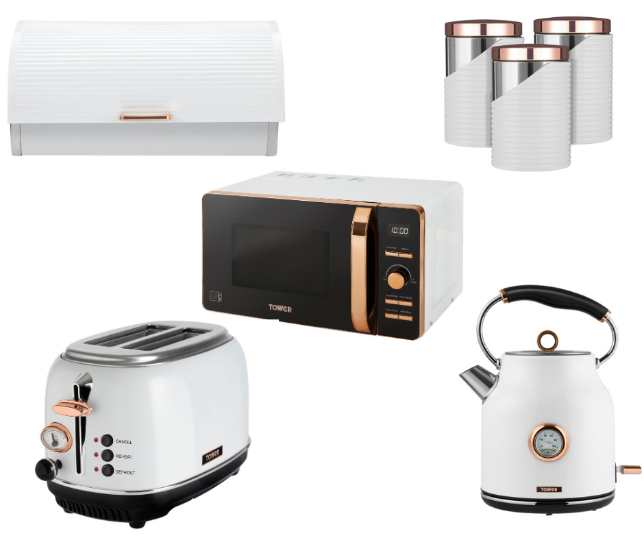 Tower Rose Gold & White Kettle, 2 Slice Toaster, Microwave, Bread Bin & Canisters