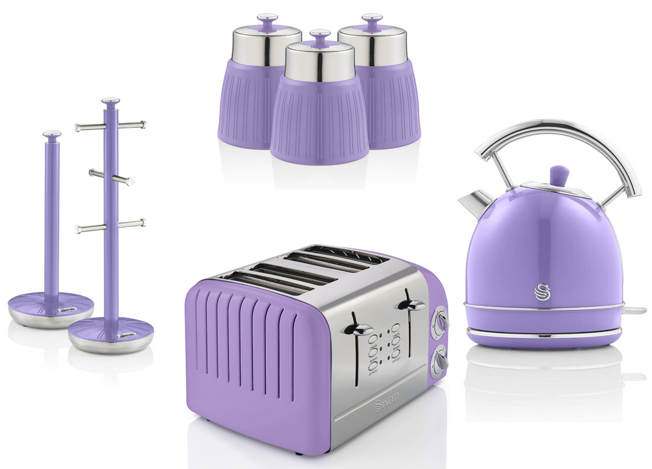 Swan Retro Purple Dome Kettle Toaster Canisters Mug Tree Towel Pole Set of 7