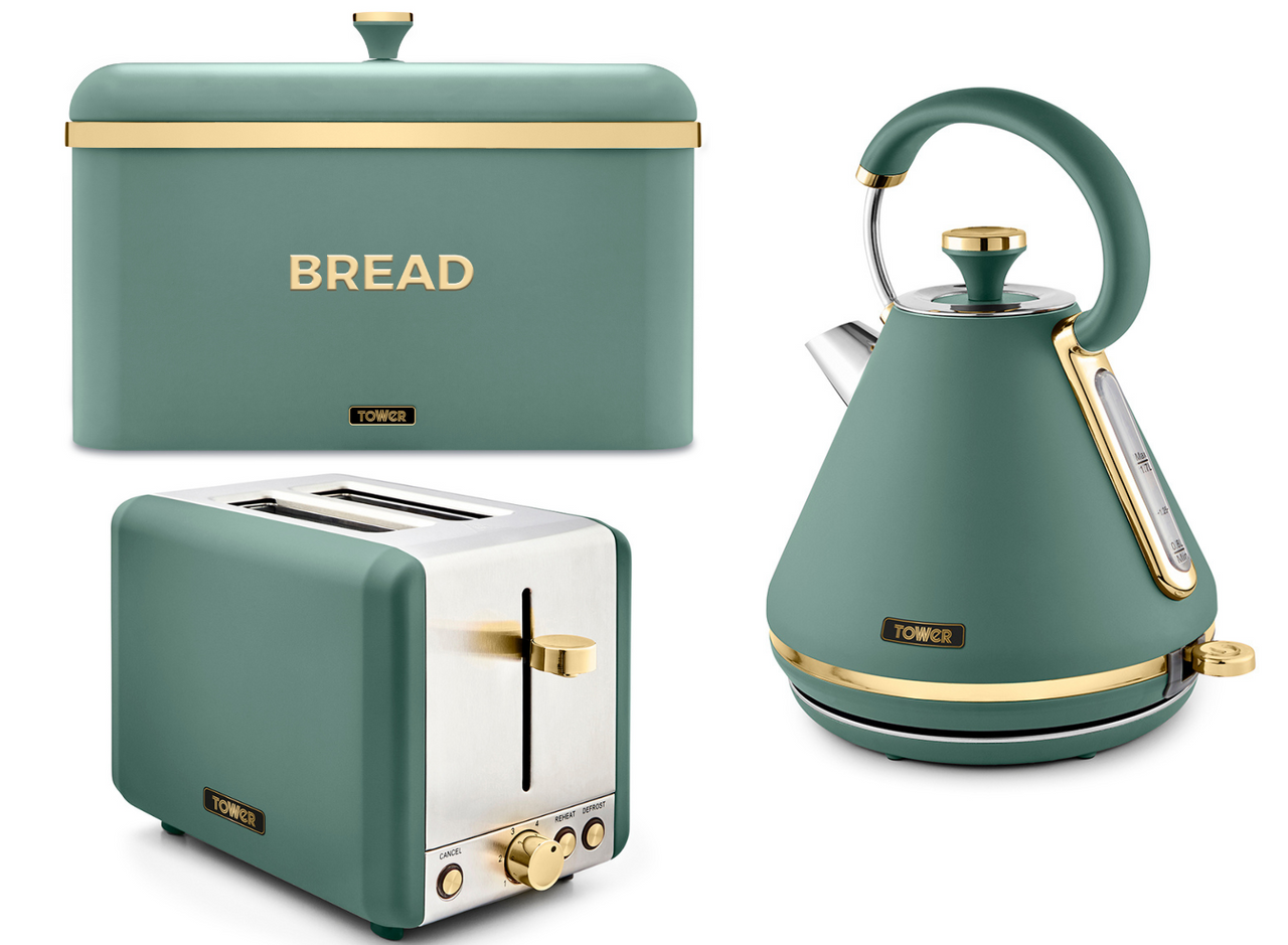 Tower Cavaletto Pyramid Kettle 2 Slice Toaster & Bread Bin Set in Jade & Gold