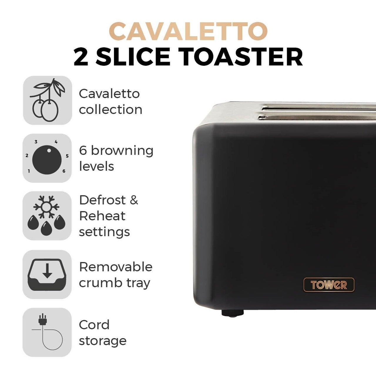 Tower Cavaletto T20036RG 2 Slice Toaster in Black & Rose Gold. 3 Year Guarantee