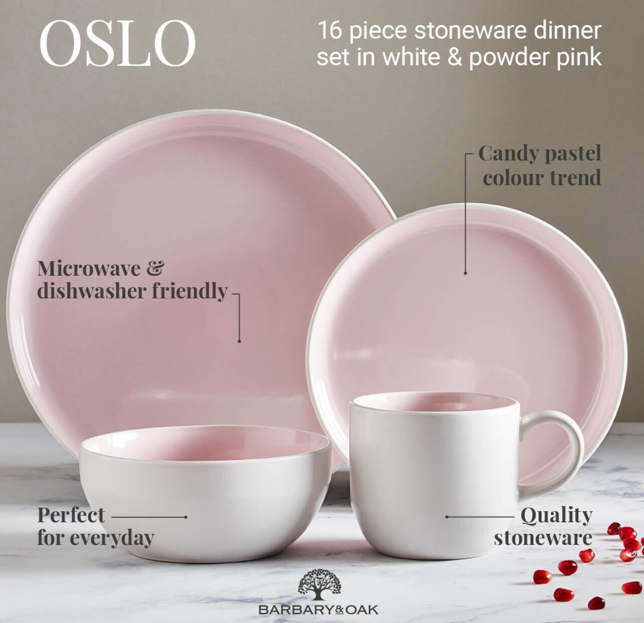 Barbary & Oak Oslo Scandinavian Design 16 Piece Dinnerware Set in Lemonade Pink & White