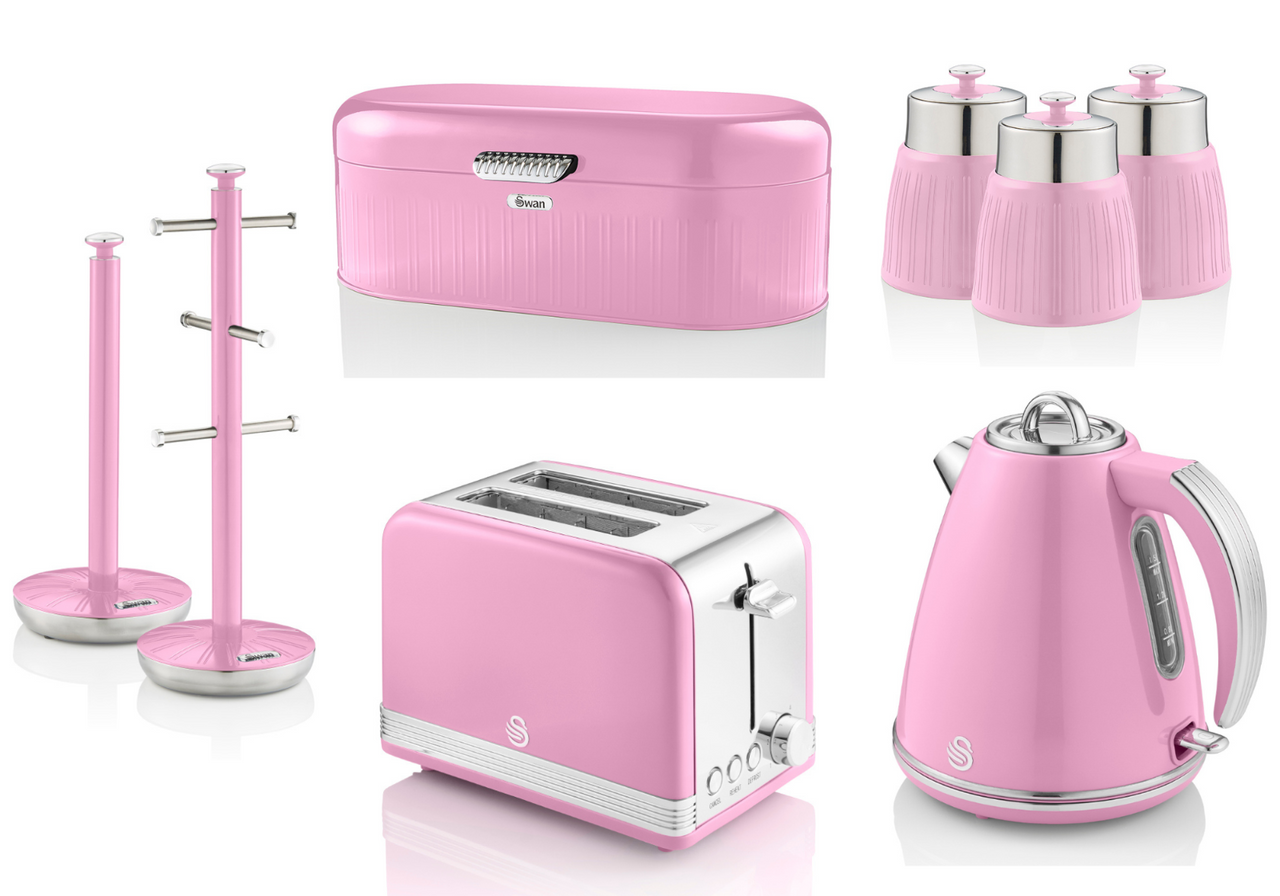 SWAN Retro Pink Jug Kettle Toaster Breadbin Canisters Mug Tree Towel Pole Set