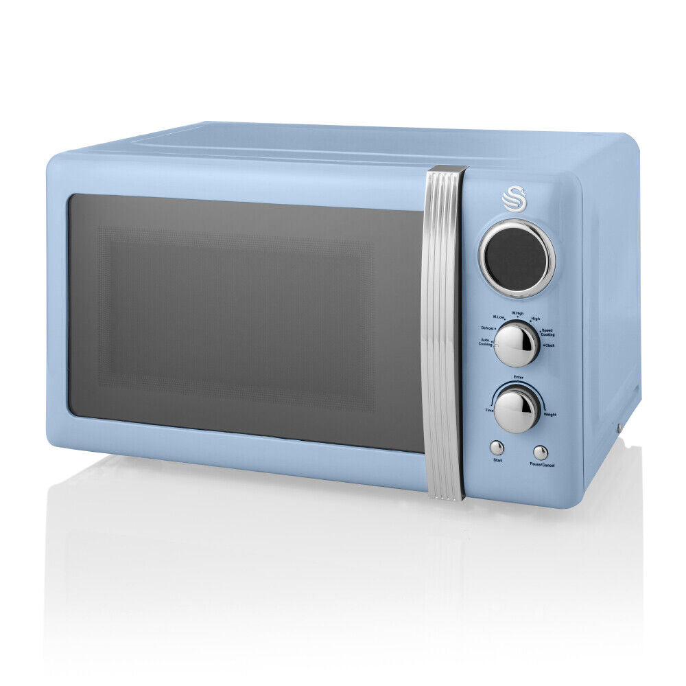 Swan Retro LED Digital Microwave, Blue 20L 800W, 5 Power Levels, SM22030LBLN