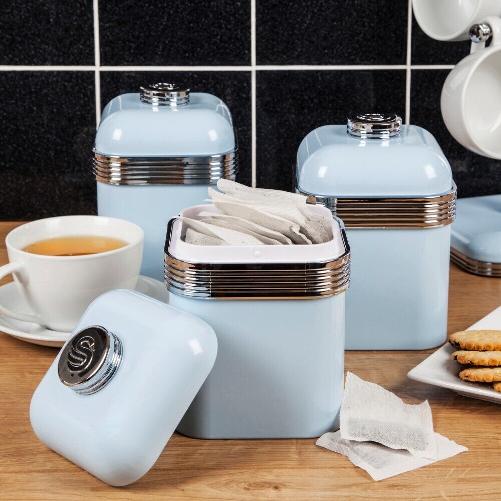 Swan Retro Blue Tea, Coffee & Sugar Matching Set of 3 Kitchen Storage Canisters