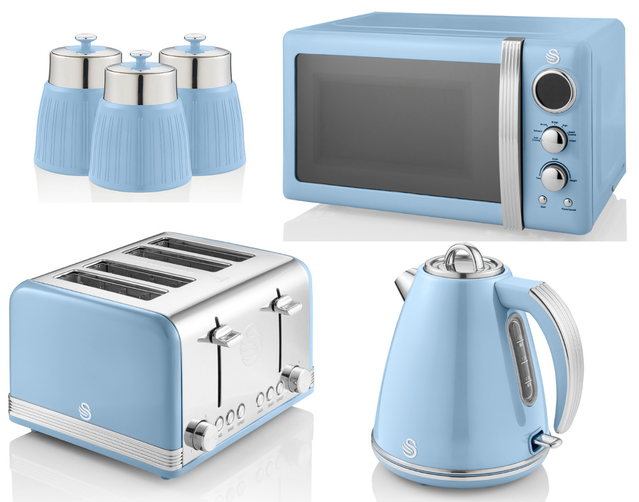 Swan Retro Kitchen Set of 6 including Blue 1.5L 3KW Jug Kettle, 4 Slice Toaster, 800W 20L Digital Microwave & Set of 3 Tea, Coffee & Sugar Canisters in Blue