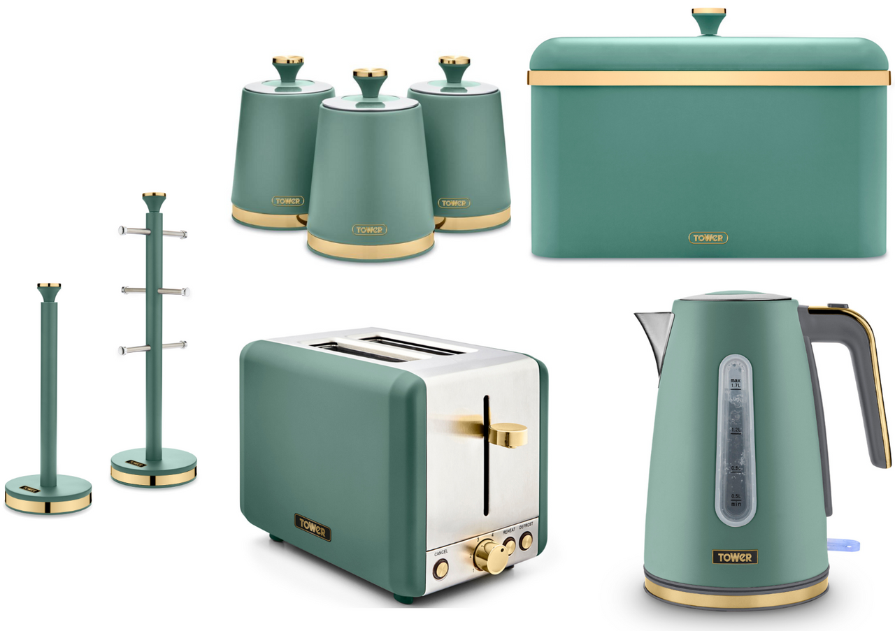 Tower Cavaletto Jug Kettle, 2 Slice Toaster, Bread Bin, Canisters Mug Tree & Towel Pole Set in Jade with Champagne Accents