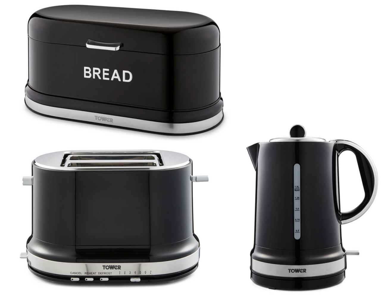 Tower Belle Noir Kettle 2 Slice Toaster & Bread bin Kitchen Set in Black