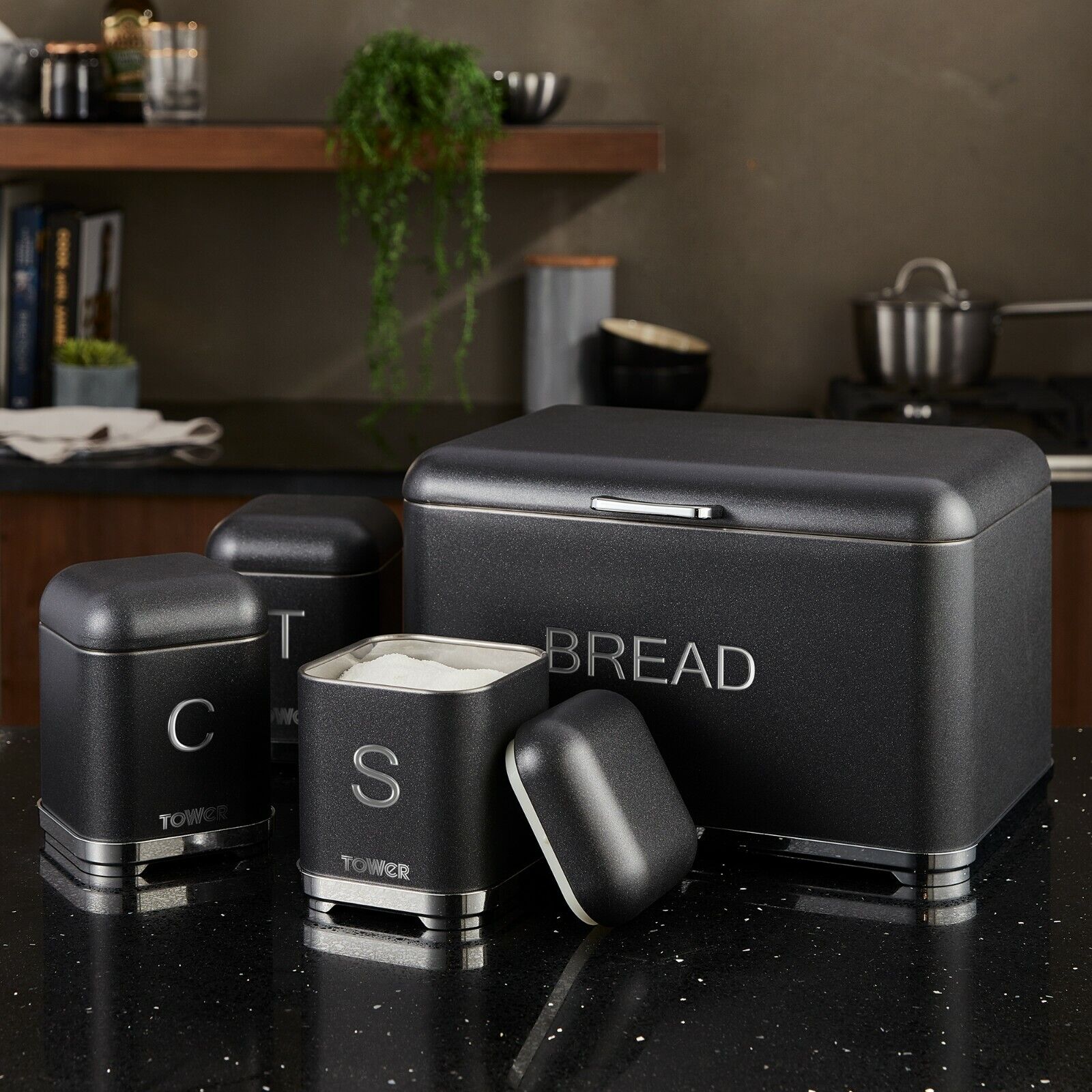 Tower Glitz Noir Bread Bin & Canisters Kitchen Storage Set in Black