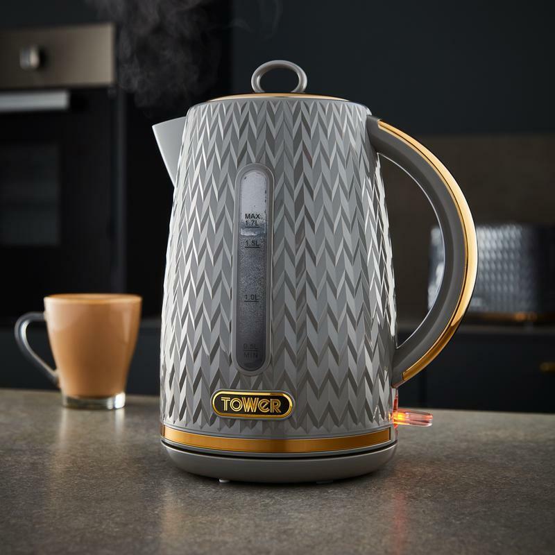 Tower Empire Jug Kettle & 4 Slice Toaster Matching Set in Grey with Brass Accent