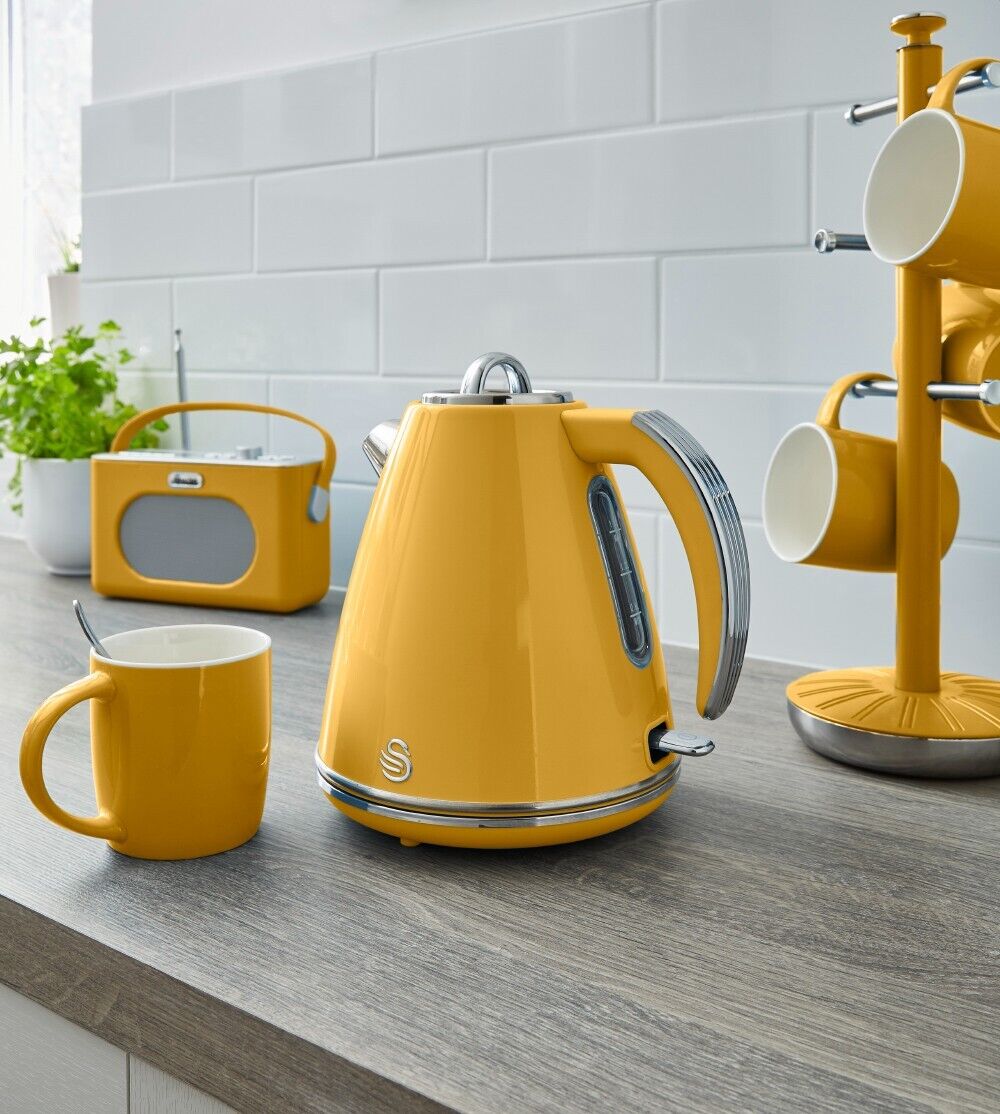 Swan Retro Yellow Jug Kettle 4 Slice Toaster & 3 Storage Canisters Kitchen Set