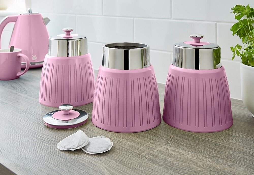 Swan Retro Pink Tea, Coffee & Sugar Canisters New Set of 3 Kitchen Storage Set