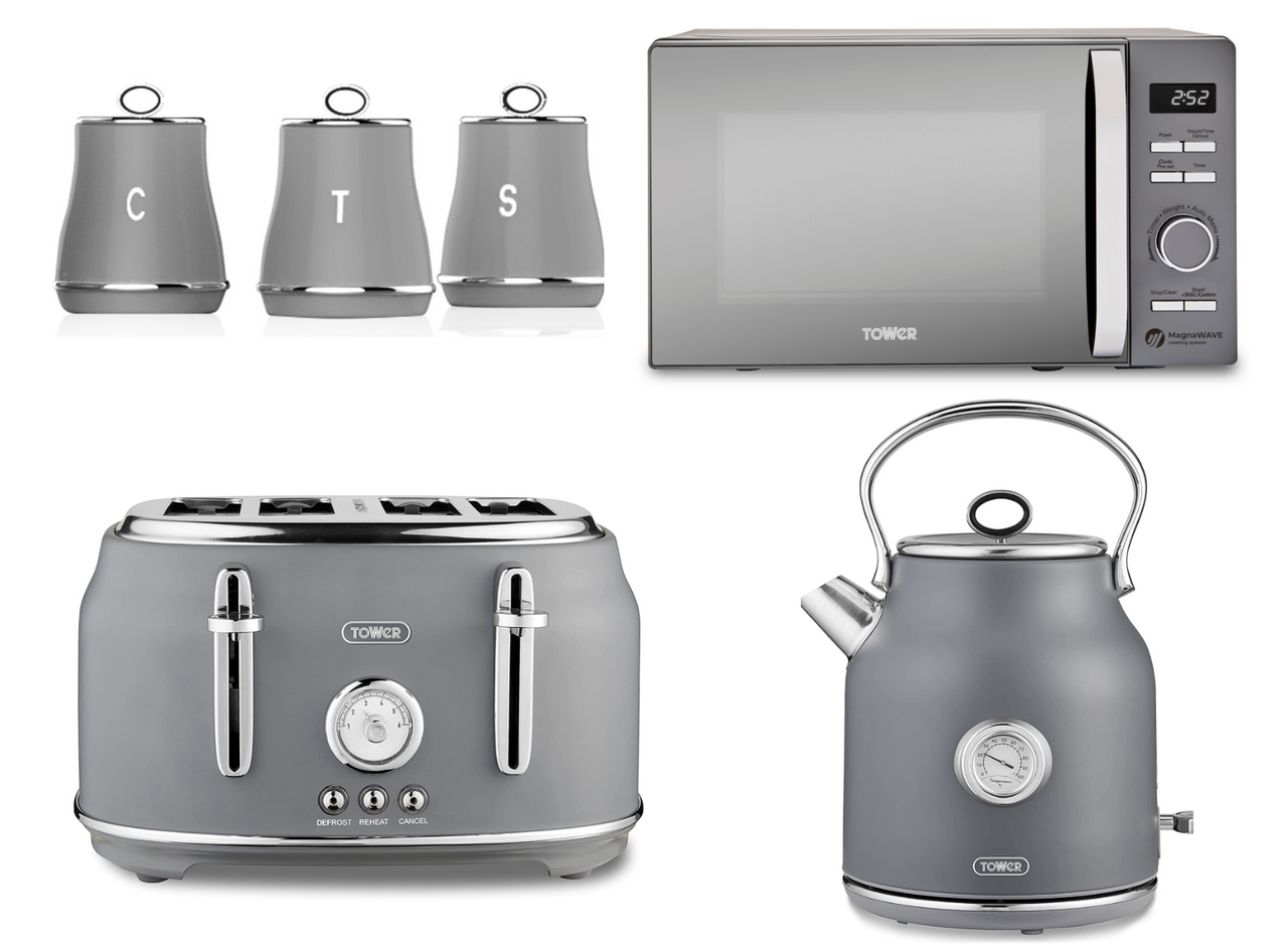 Tower Renaissance Grey Kettle 4 Slice Toaster Microwave & Canisters Set of 6