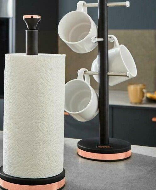 Tower Cavaletto Bread Bin, Mug Tree & Towel Pole Kitchen Set Black & Rose Gold
