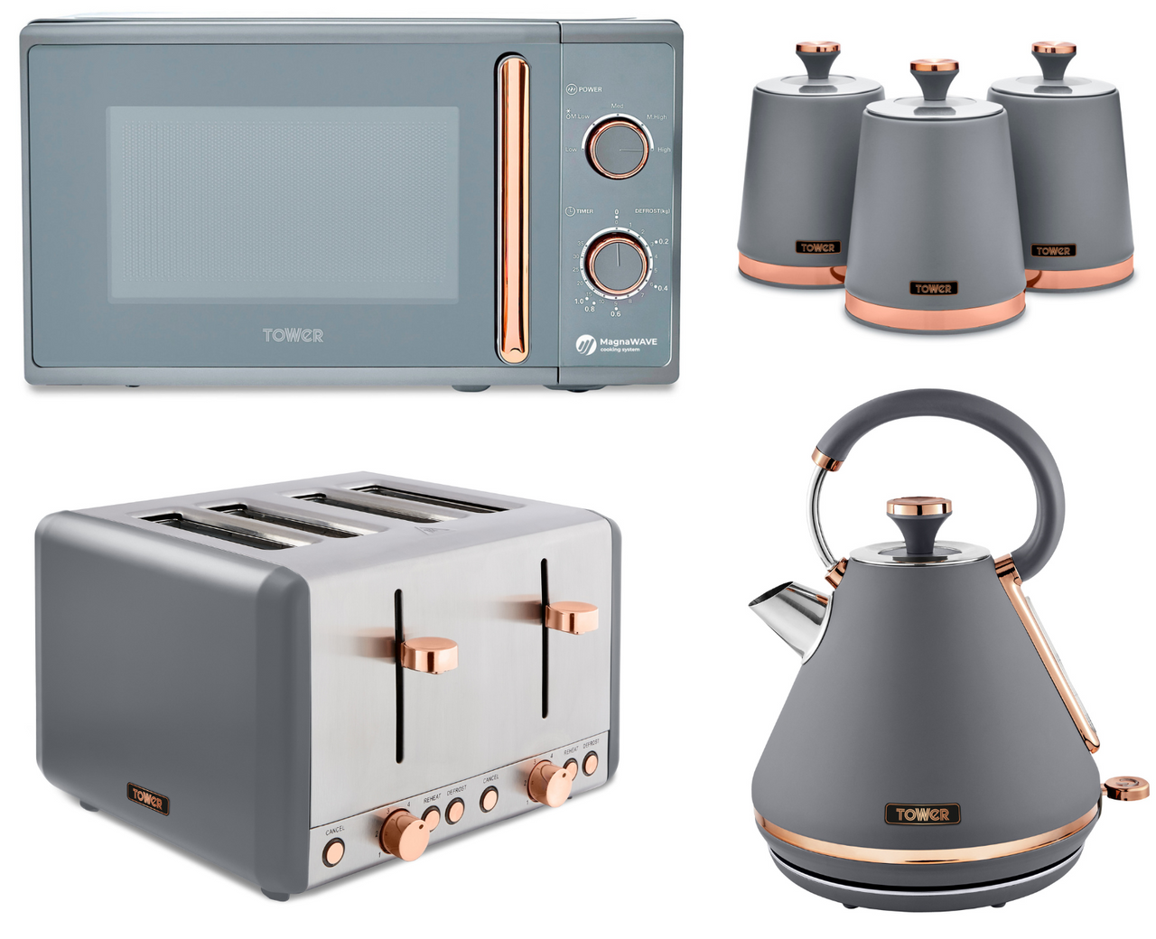 Tower Cavaletto Grey Pyramid Kettle, 4 Slice Toaster, 800W 20L Microwave & Canisters Set
