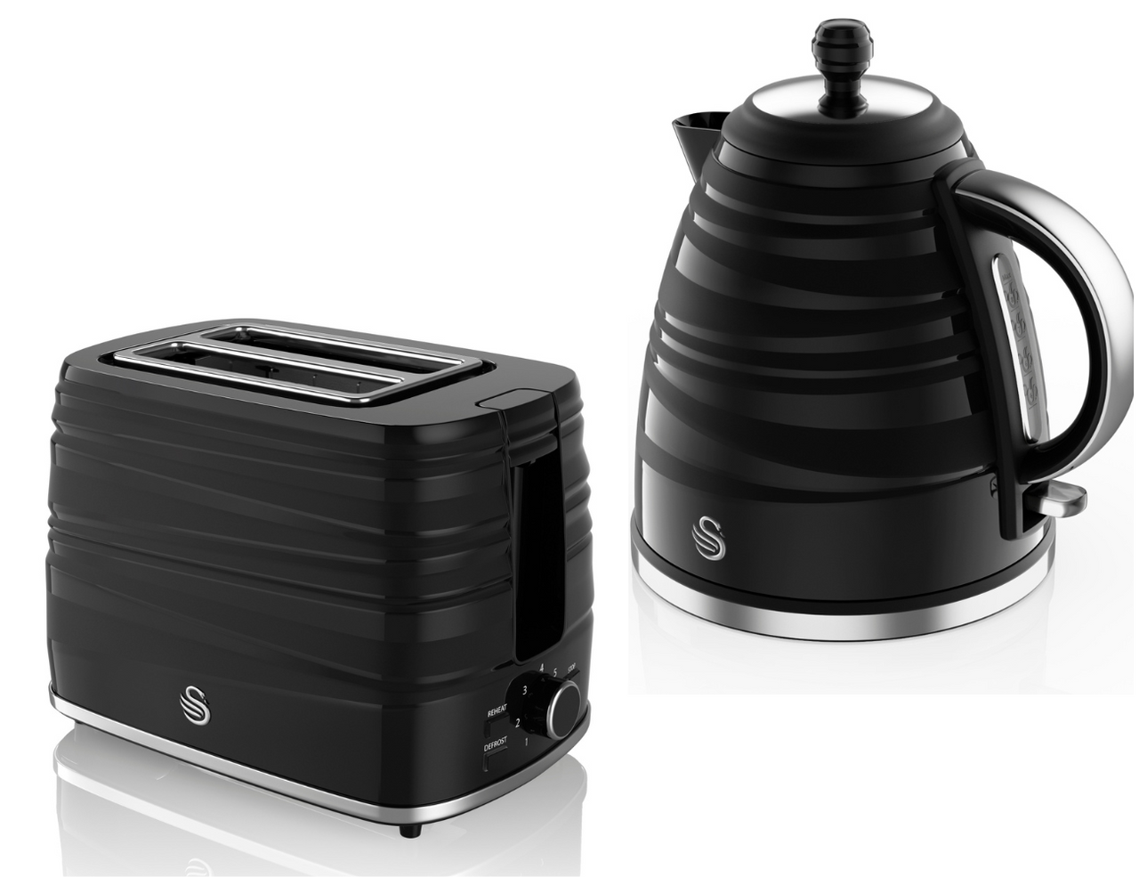 Swan Symphony Black Kettle & 2 Slice Toaster - Contemporary Matching Kitchen Set
