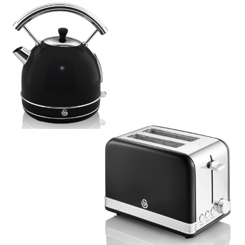 Swan Retro Dome Kettle & 2 Slice Toaster Vintage Kitchen Electrical Set in Black