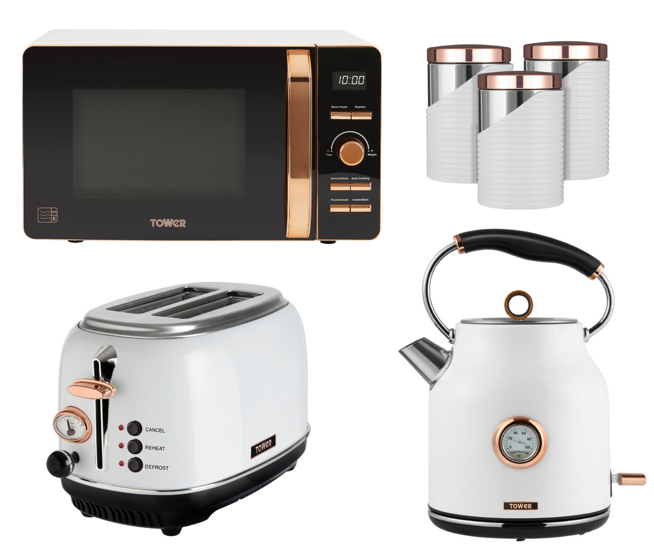 Tower Bottega 1.7L 3KW Kettle, 2 Slice Toaster, Digital 20L Microwave & Linear Tea, Coffee & Sugar Canisters in White & Rose Gold