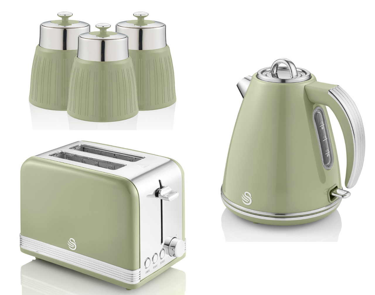 SWAN Retro Green Jug Kettle 2 Slice Toaster & 3 Storage Canisters Kitchen Set
