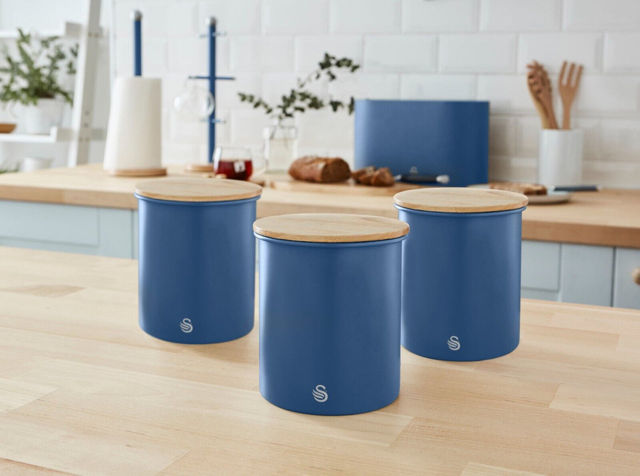 Swan Nordic Blue Tea Coffee & Sugar Canisters, Mug Tree, Towel Pole Matching Kitchen Storage Set
