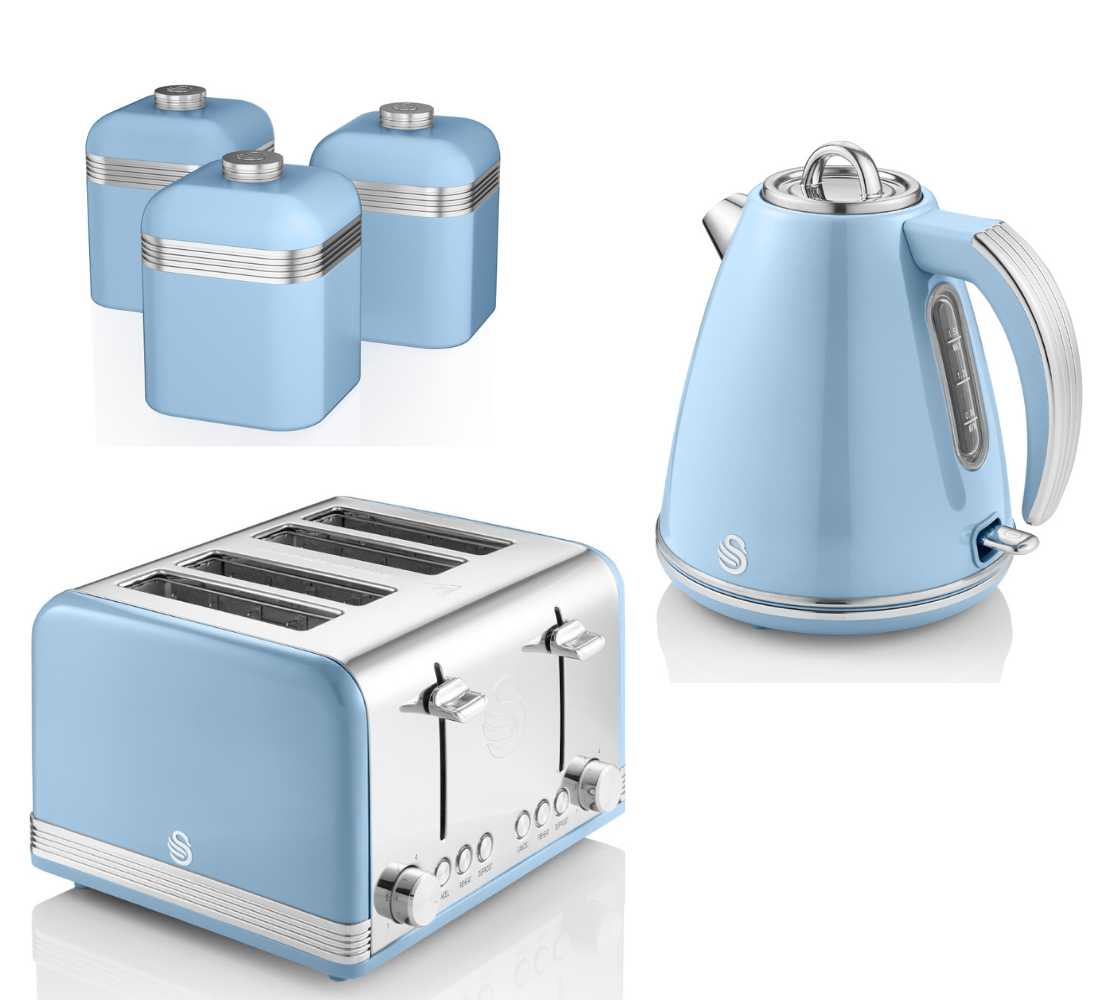 SWAN Retro Jug 1.5L 3KW Kettle 4 Slice Toaster  & Canisters Matching Set in Blue