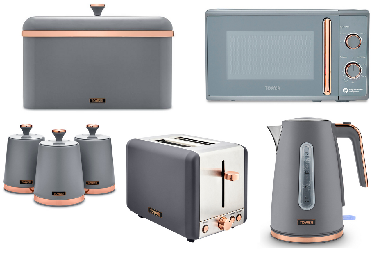 Tower Cavaletto Grey Jug Kettle, 2 Slice Toaster, 800W 20L Microwave, Breadbin & Canisters Matching Set