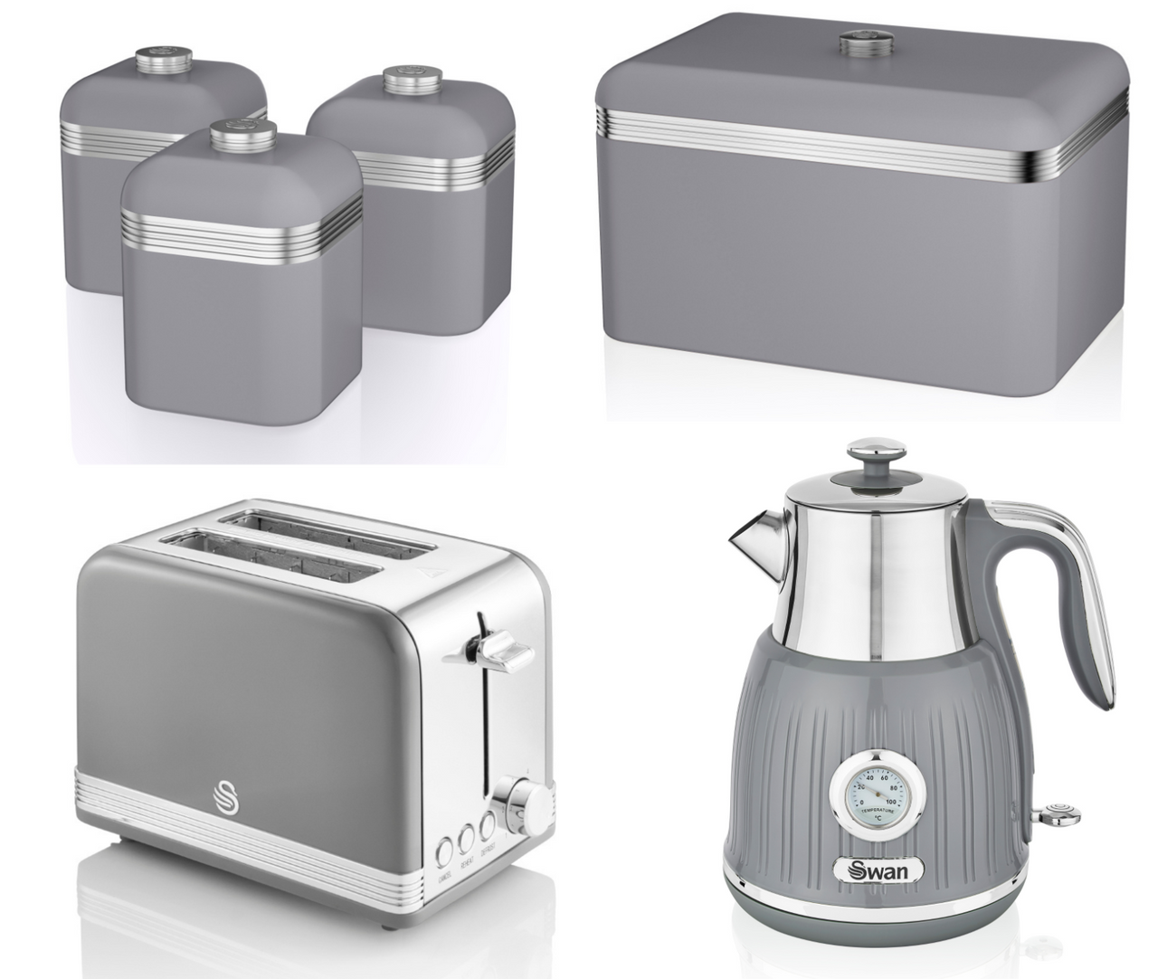 SWAN Retro Grey Set of 6 -Jug Dial Kettle 2 Slice Toaster Bread Bin & Canisters