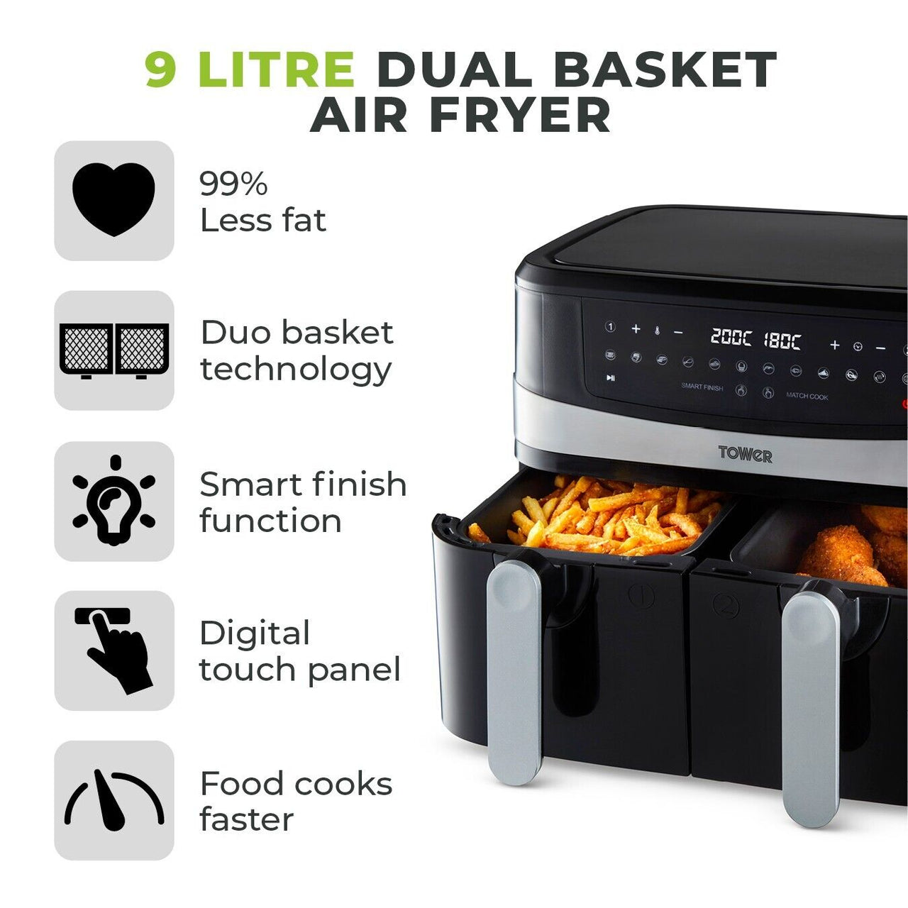 Tower Air Fryer Vortx T17088 9L Dual Basket Family Size New with 3 Yr Guarantee