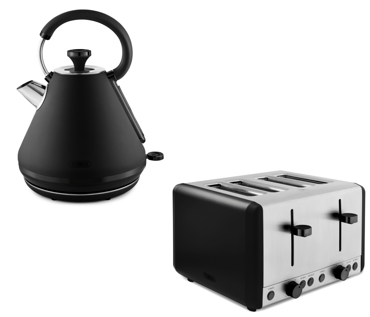 Tower Sera Pyramid Kettle & 4 Slice Toaster Set in Black with Smoked Black Trim