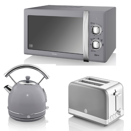 SWAN Retro Dome Kettle 2 Slice Toaster & Microwave Vintage Kitchen Set Grey