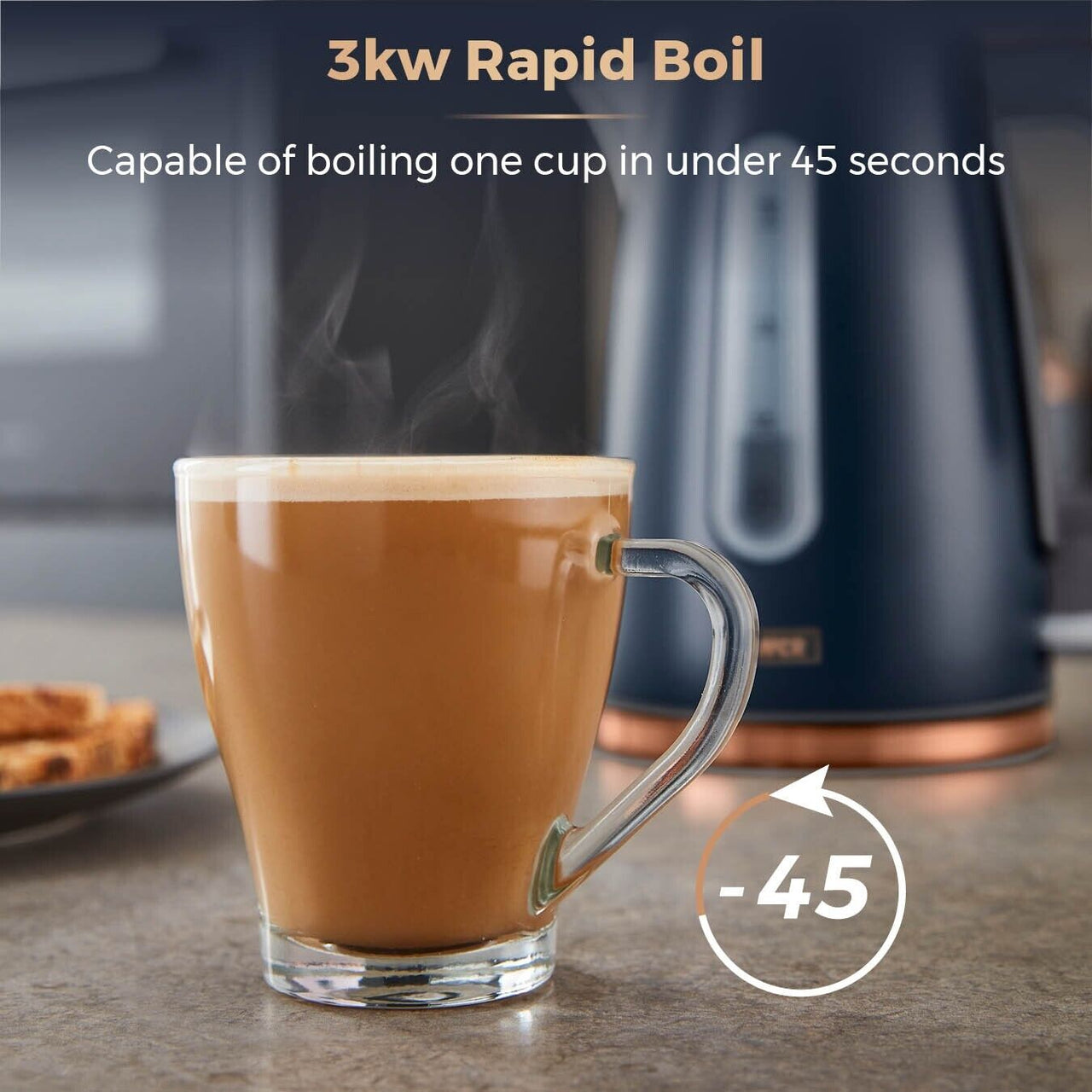 TOWER Cavaletto Jug Kettle 2 Slice Toaster Breadbin Canisters Mug Tree Towel Pole Midnight Blue & Rose Gold