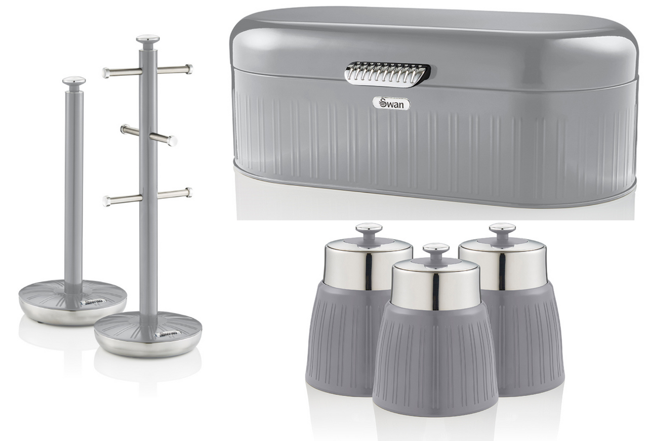 SWAN Retro Grey Bread Bin, Canisters, Mug Tree & Towel Pole Kitchen Storage Set