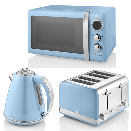 SWAN Retro Blue 1.5L 3KW Jug Kettle, 4 Slice Toaster & Digital Microwave
