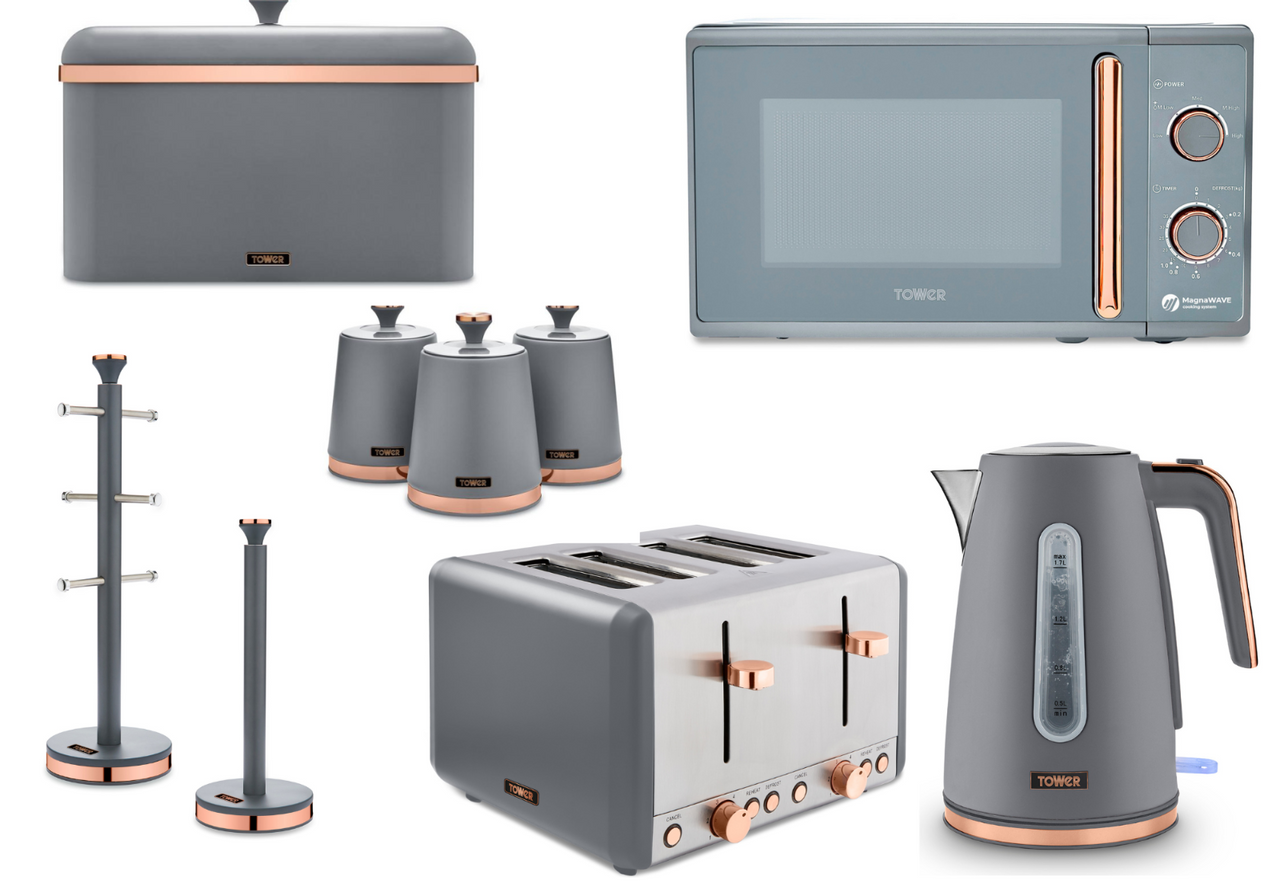 Tower Cavaletto Grey Set of 9 Jug kettle 4 Slice Toaster Microwave & Accessories