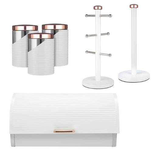 Tower Breadbin, Canisters, Mug Tree & Towel Pole Set in White & Rose Gold