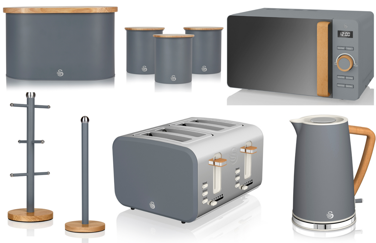 Swan Nordic Grey Set of 9 - Kettle Toaster Microwave & Kitchen Storage Set
