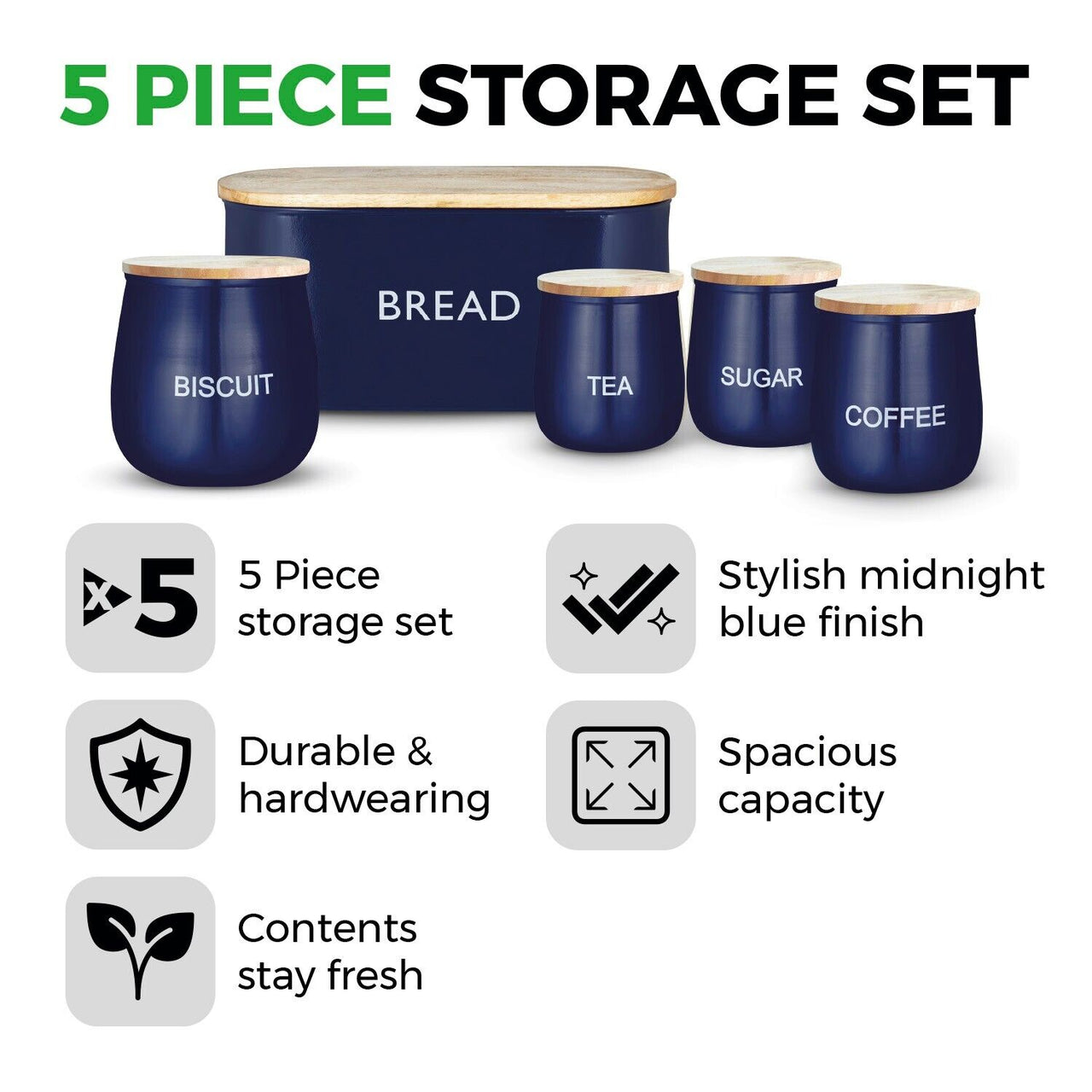 Tower 5 Piece Storage Set Bread Bin Canisters & Biscuit Tin Blue T826212MNB