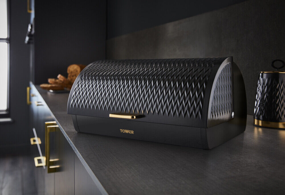 Tower Empire Bread Bin & Canister Art Deco Style Set Black & Brass Kitchen Storage