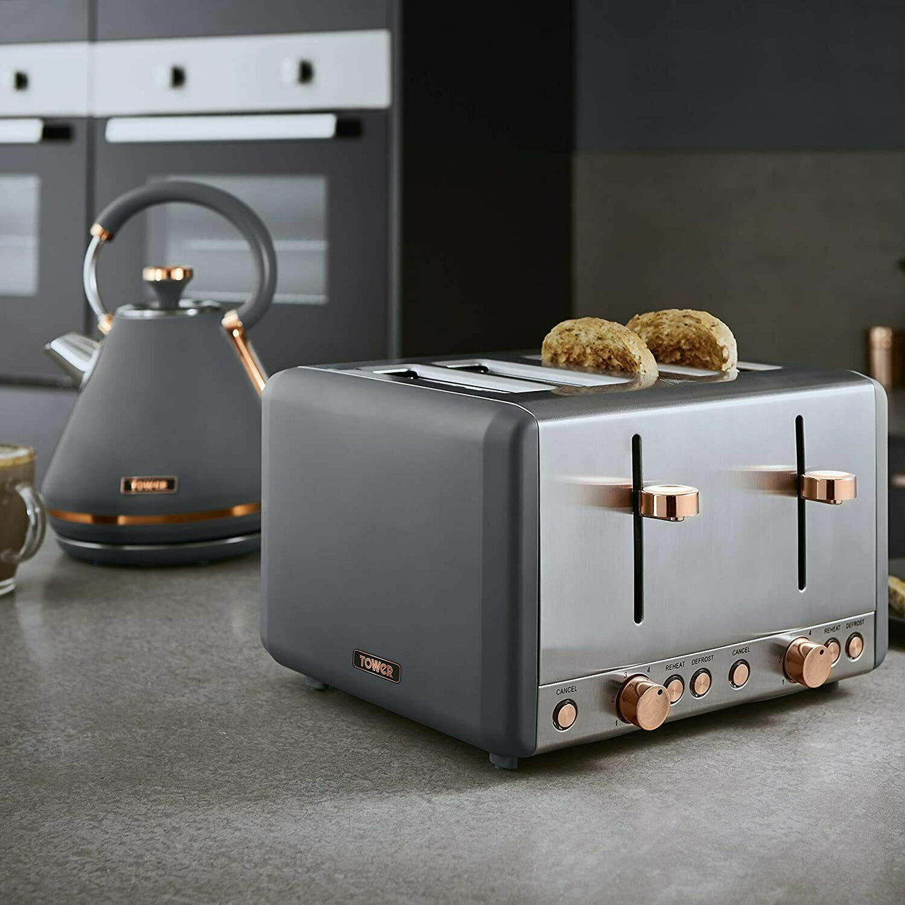 Tower Cavaletto Grey/Rose Gold Set of 9 Kettle, 4 Slice Toaster, Microwave Bread Bin, Canisters, Mug Tree and Towel Pole Holder