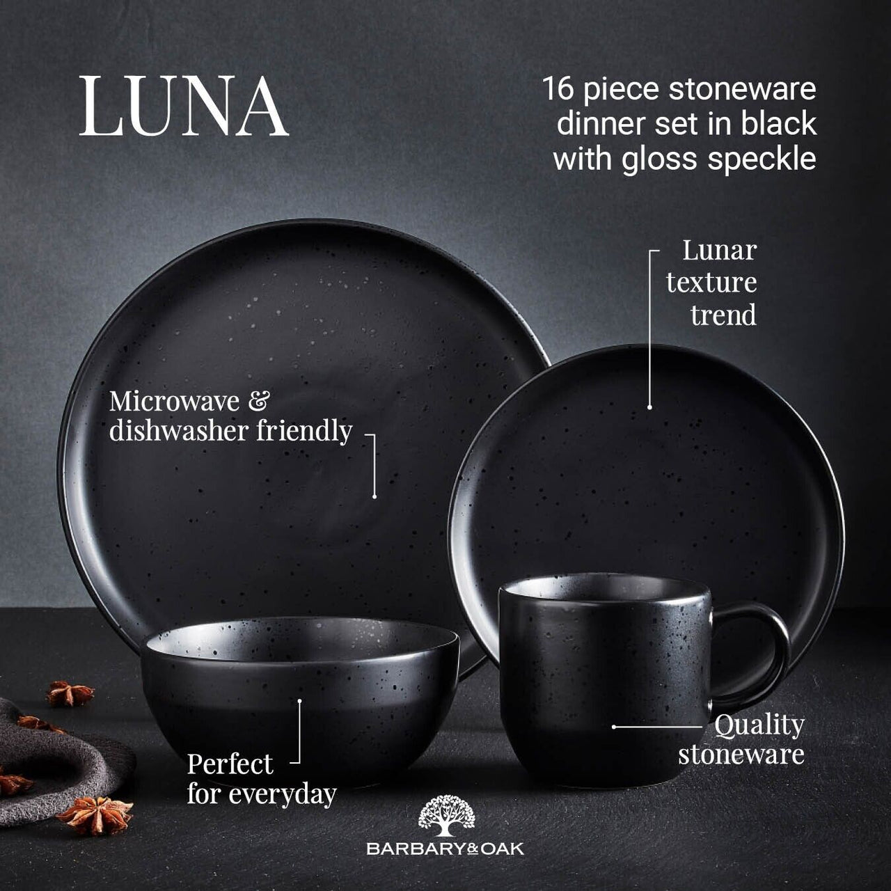 Barbary & Oak Luna 16 Piece Dinnerware Set Matte Black with Gloss Black Speckle