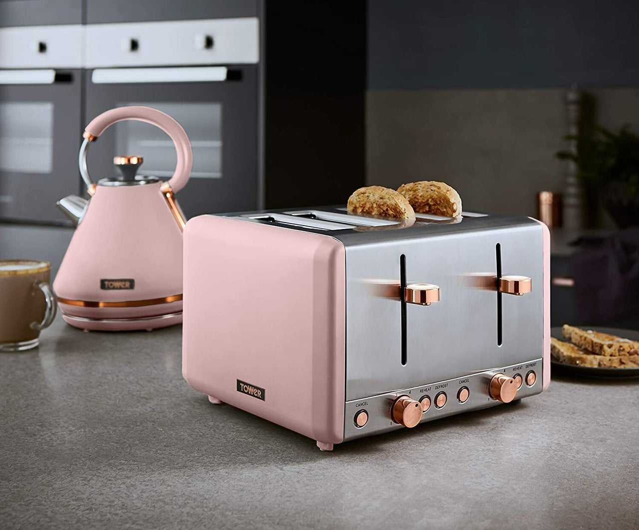 TOWER Cavaletto Pink & Rose Gold 3KW 1.7L Pyramid Kettle, 4 Slice 1800W Toaster & Set of 3 Tea, Coffee, Sugar Canisters. Matching Kitchen Set in Pink & Rose Gold