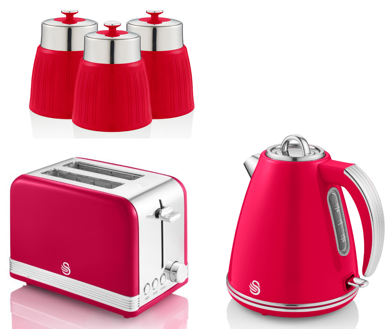 Swan Retro Red Jug Kettle 2 Slice Toaster & 3 Canisters Matching Kitchen Set
