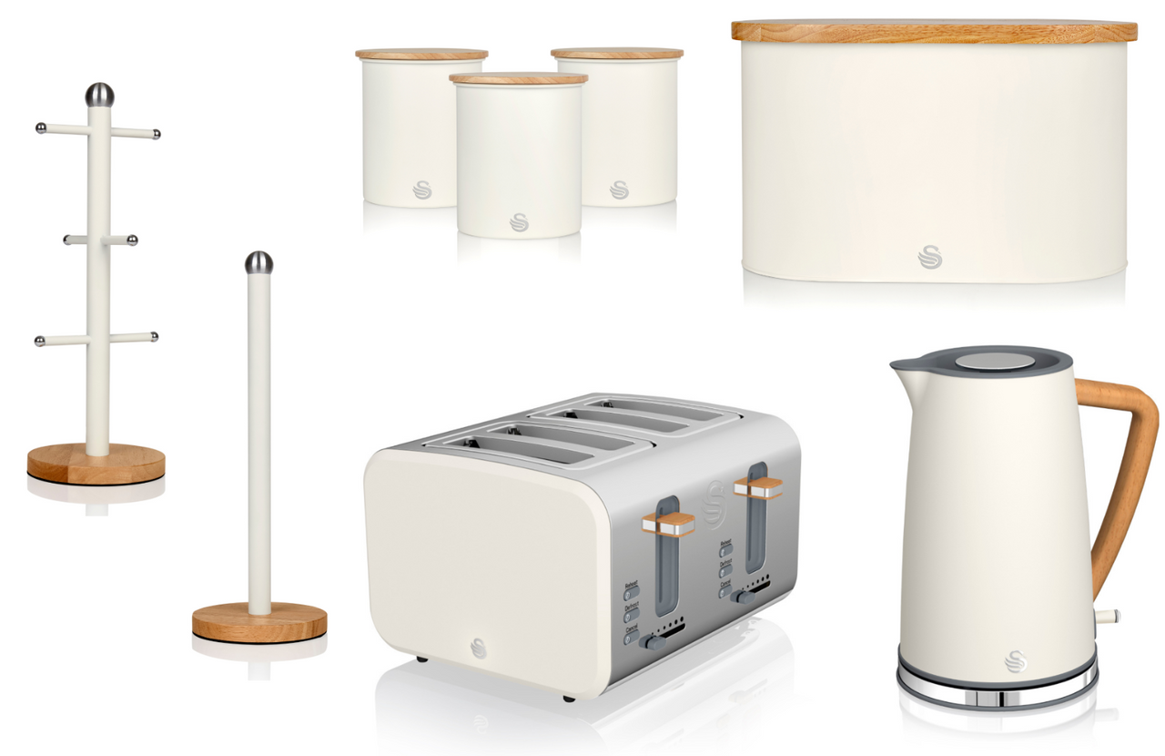 Swan Nordic White Jug Kettle, 4 Slice Toaster, Bread Bin, Canisters Mug Tree and Towel Pole Matching Set